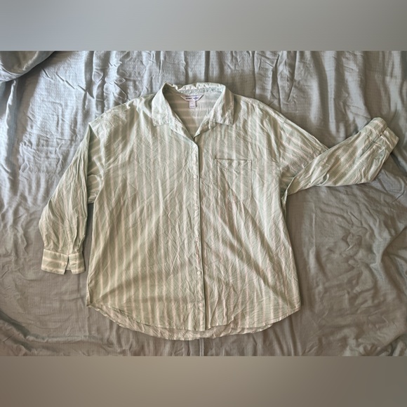 Old Navy Boyfriend Shirt, Sage and White Stripe - Picture 1 of 8